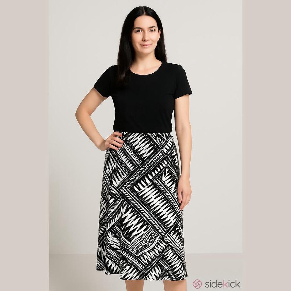 Chico's Womens Skirt Sz 1 M 8 Black‎ White Long Geometry Rules Black White Zorah